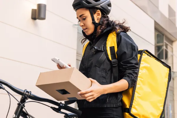 Delivery rider looking at package and phone
